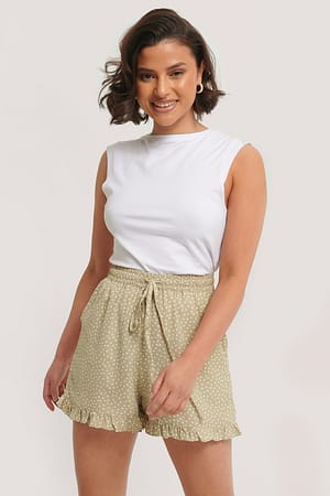 Beige/White Dotted Frill Hem Shorts