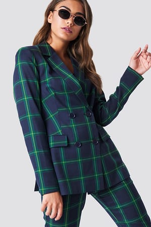 Green Check Double Breasted Checkered Blazer