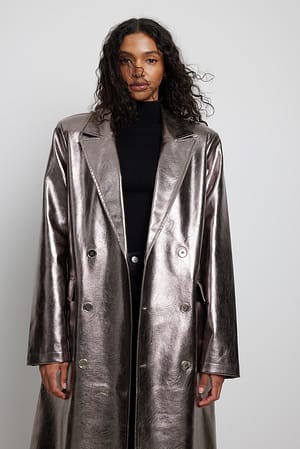 Silver Double Button PU Coat
