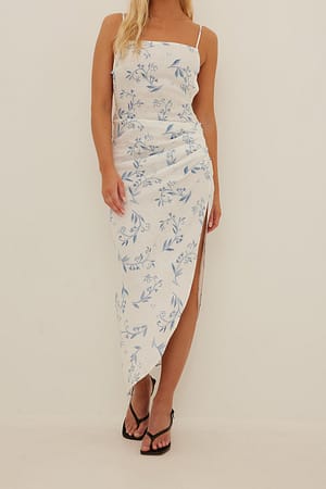 Blue/Paisly Print Draped Linen Dress
