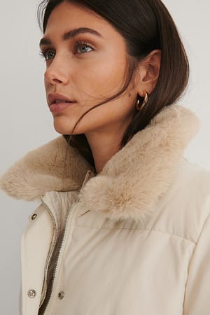 Cream Drawstring Faux Fur Jacket
