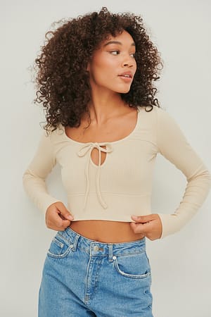 Light Beige Drawstring Detail Crop Top