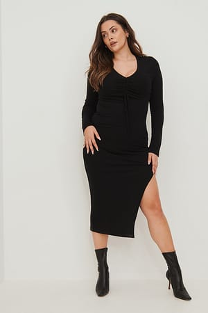 Black Recyceltes Midikleid mit Kordelzug