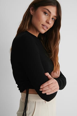 Black Drawstring Detail Rib Top