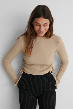 Beige Drawstring Detail Rib Top
