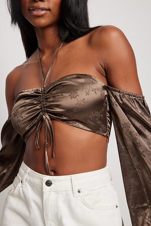 Brown Drawstring Front Satin Blouse