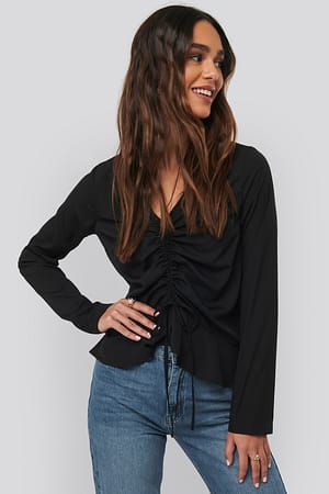 Black Drawstring Long Sleeve Blouse