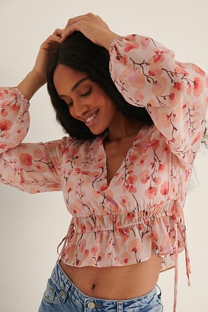 Pink Flower Drawstring Waist V-neck Blouse