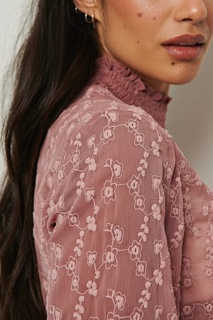 Dark Dusty Pink Bestickte Smock-Bluse mit Langen Ärmeln
