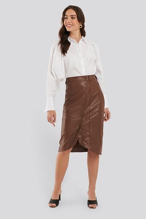 Brown Faux Leather Wrap Skirt