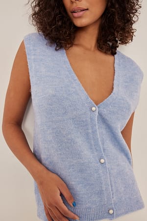 Light Blue Gilet en tricot fin à boutons en perle