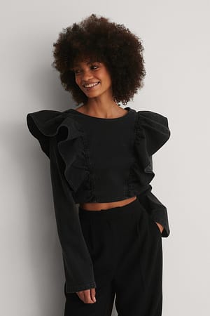 Washed Black Organisches Jeans-Top aus Volant