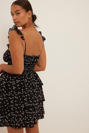 Black Floral Flounce Detail Mini Dress