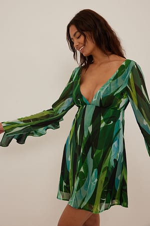 Palm Print Minikleid mit Volantärmeln