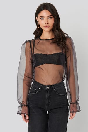 Black Flounce Sleeve Organza Blouse