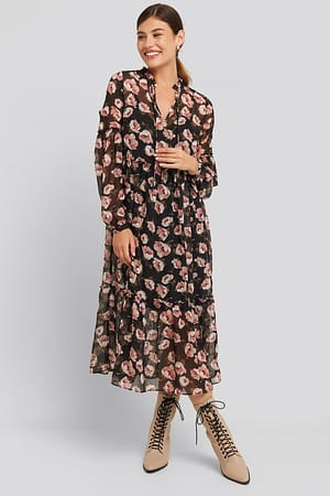 Black/Flower Print Flower Print Balloon Sleeve Dress