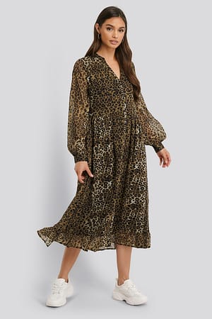 Leoprint Flowy Midi Flounce Dress