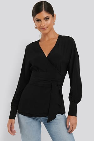 Black Flowy Overlap Blouse