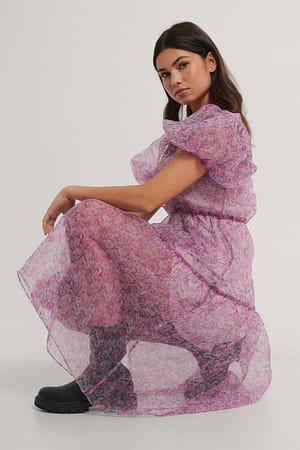 Pink Flower Robe En Organza À Manches Bouffantes