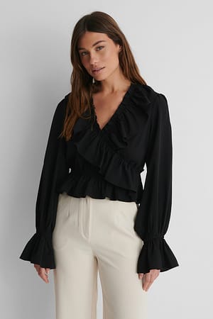 Black Frill Drawstring  Blouse