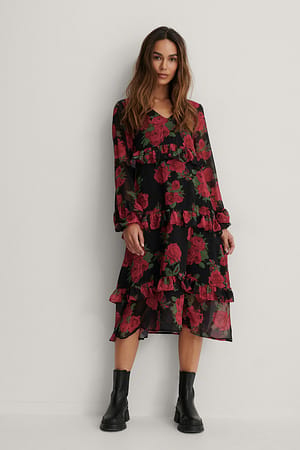 Red Flower Jurk Met Ruches