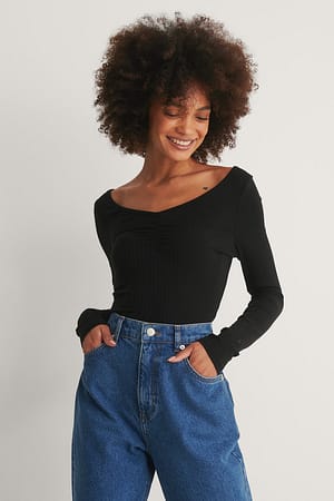 Black Front Ruched Ribbed Top