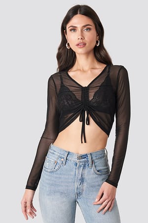 Black Front Ruched Detail Mesh Crop Top
