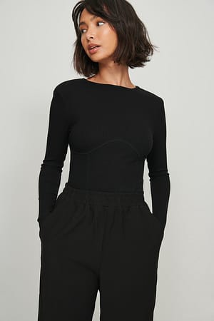 Black Front Seam Detail Rib Top