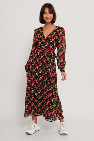Black/Flower Print Front Wrap Chiffon Midi Dress