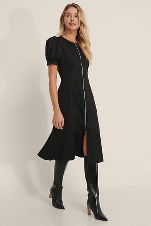 Black Front Zipper Midi Dress
