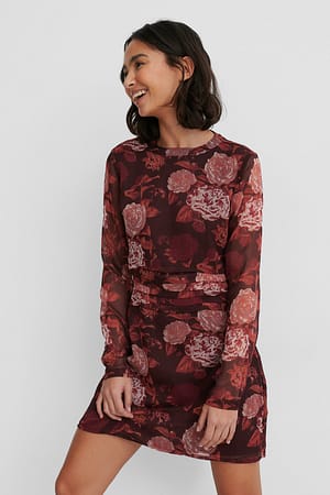 Brown Flower Print Minikleid aus Chiffon