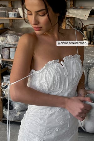White Gathered Lace Panel Dress