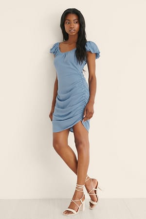 Blue Gathered Mini Dress