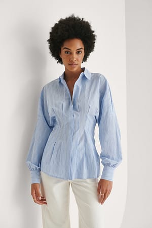 Blue White Stripes Blouse Met Vouwen