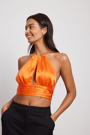 Orange Halterneck Cut Out Satin Top