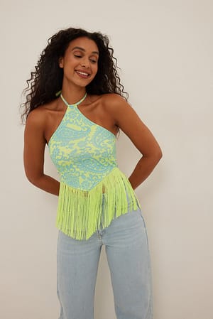 Blue Paisley Singlet med halterneck och fransdetaljer