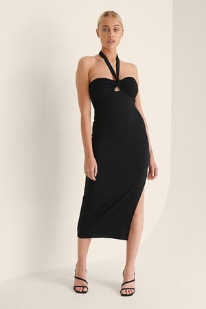 Black Halterneck Slit Detail Midi Dress