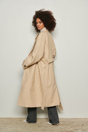 Beige Oversize fiskbensmönstrad kappa med bälte