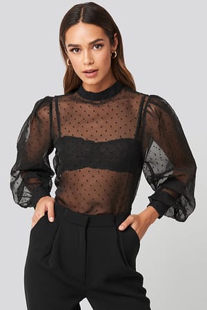 Black High Neck Dobby Blouse