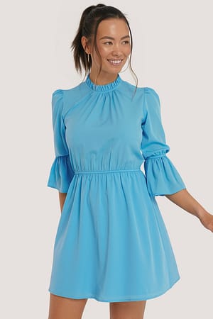 Strong Blue High Neck Flare Mini Dress