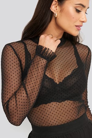 Black High Frill Neck Mesh Top