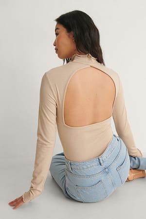 Beige Melange High Neck Open Back Long Sleeve Top