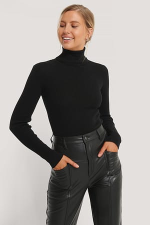 Black High Neck Rib Knit Sweater