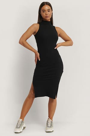 Black Recycled High Neck Sleeveless Dress
