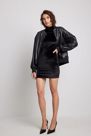 Black High Neck Velvet Mini Dress