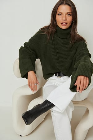 Khaki High Neck Wide Sleeve Knit Sweater