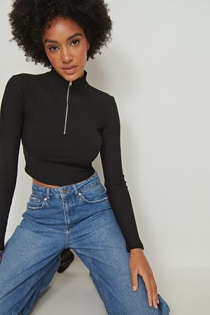 Black High Neck Zip Top
