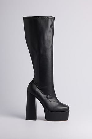 Black Kniehoher Gummistiefel mit Plattformsohle