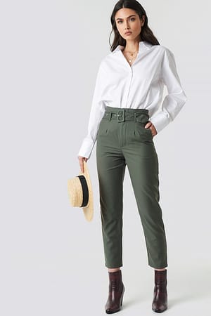 Dark Green High Waist Belted Pants