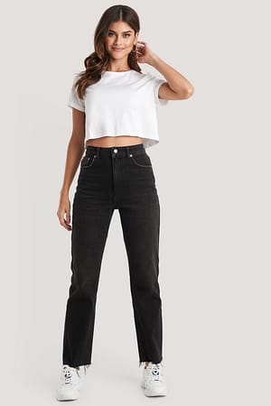 Washed Black High Waist Raw Hem Straight Jeans